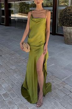 Margovil High Slit Back Drape Cascading Satin Maxi Cami Dress