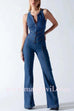 Margovil Zip Up Sleeveless Heart Back Bell Bottom Denim Jumpsuit