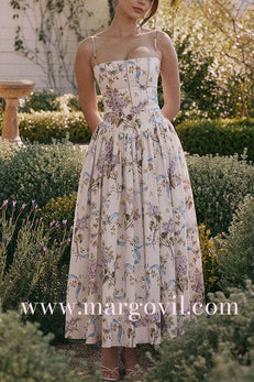 Margovil Spaghetti Strap Floral Print Bustier A-line Maxi Dress