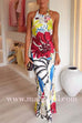 Halter Sleeveless Open Back Floral Print Maxi Dress