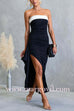 Strapless Draped Slit Color Block Maxi Dress