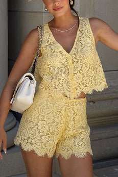 V Neck Sleeveless Crop Top and High Waist Shorts Lace Set
