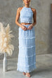 Margovil Frill Trim Halter Backless Crop Top and Drawstring Waist Maxi Skirt Set