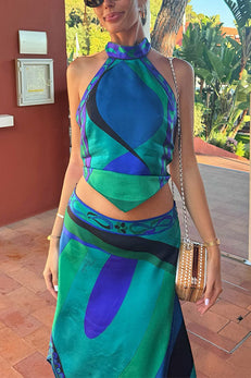Margovil Printed Halter Tie Knot Backless Top and Irregular Hem Maxi Skirt Set