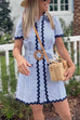 Short Sleeves Button Down Ric Rac Trim Striped Mini Dress