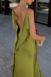 Margovil High Slit Back Drape Cascading Satin Maxi Cami Dress