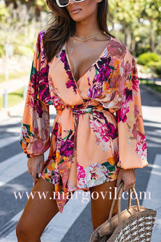 Wrap V Neck Long Sleeves Tie Waist Floral Print Romper