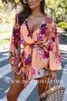 Wrap V Neck Long Sleeves Tie Waist Floral Print Romper
