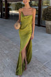 Margovil High Slit Back Drape Cascading Satin Maxi Cami Dress