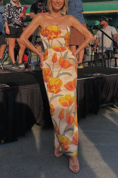 Strapless Back Slit Tulip Print Maxi Dress