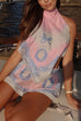 Halter Tie Back Scarf Top and Elastic Waist Shorts Printed Set