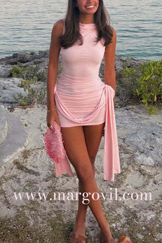 Sleeveless Rose Detail Draped Bodycon Mini Dress