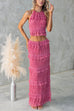 Margovil Halter Backless Ruffle Crop Top and Tiered Maxi Skirt Chiffon Set