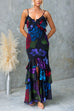 Open Back Ruffle Trim Slit Floral Print Maxi Cami Dress