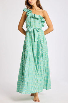 One Shoulder Ruffle Trim Tie Waist Striped Maxi Dress