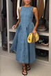 Margovil Open Back Sleeveless A-line Denim Maxi Dress