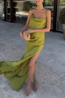Margovil High Slit Back Drape Cascading Satin Maxi Cami Dress