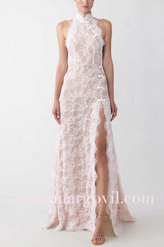 Halter Open Back High Slit Lace Cheongsam Maxi Dress