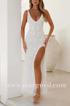 V Neck Double Straps Flower Applique High Slit Maxi Dress