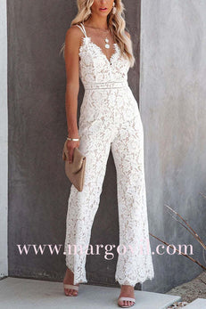 Margovil V Neck Waisted Wide Leg Cami Lace Jumpsuit
