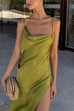 Margovil High Slit Back Drape Cascading Satin Maxi Cami Dress