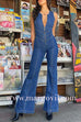 Margovil Zip Up Sleeveless Heart Back Bell Bottom Denim Jumpsuit