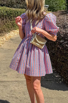 Puff Sleeves Button Up Drawstring Waist Gingham Mini Dress