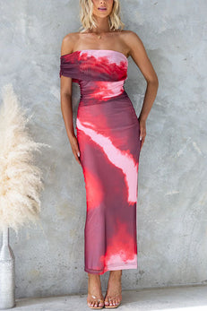 Off Shoulder Mesh Stretchy Tie Dye Maxi Dress