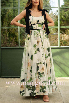 Bow Shoulder Strappy Floral Print Swing Maxi Dress