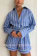 Margovil Striped Long Sleeves Curve Hem Shirt and High Rise Shorts Set