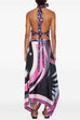 Margovil Printed Halter Tie Knot Backless Top and Irregular Hem Maxi Skirt Set