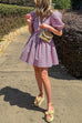 Puff Sleeves Button Up Drawstring Waist Gingham Mini Dress