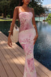 Margovil Strapless Floral Print Mesh Bodycon Maxi Dress