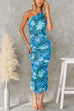 One Shoulder Ruched Back Slit Floral Print Bodycon Midi Dress