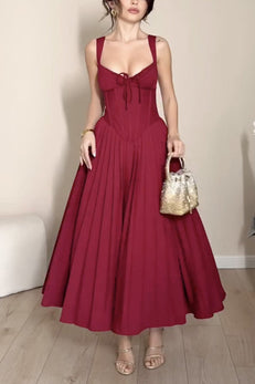 Drawstring V Neck Lace-up Back Pleated Midi Cami Dress