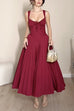 Drawstring V Neck Lace-up Back Pleated Midi Cami Dress