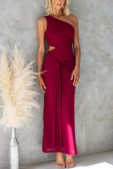 One Shoulder Cut Out Waist Drape Front Maxi Dress