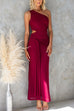 One Shoulder Cut Out Waist Drape Front Maxi Dress