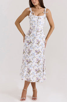 Margovil Bow Shoulder Back Lace-up Floral Print Midi Cami Dress