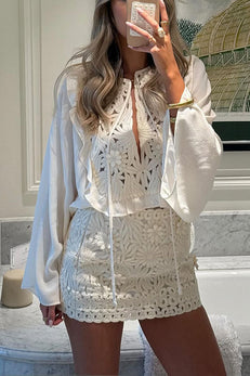 Margovil Bell Sleeves Lace Hollow Out Patchwork Ruffle Shirt