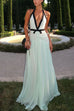 Margovil Deep V Neck Halter Backless Color Block Bow Maxi Dress