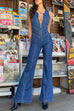 Margovil Zip Up Sleeveless Heart Back Bell Bottom Denim Jumpsuit