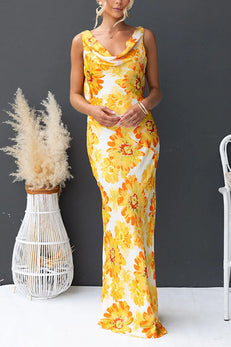 Cowl Neck Open Back Sun-Kissed Floral Satin Maxi Dress