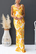 Cowl Neck Open Back Sun-Kissed Floral Satin Maxi Dress