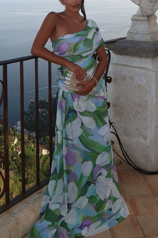 One Shoulder Ruched Floral Print Maxi Party Dress