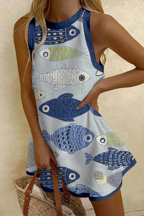 Margovil Sleeveless Fish Print Mini Dress