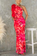 Margovil Ruffle One Shoulder Floral Print Bodycon Maxi Dress