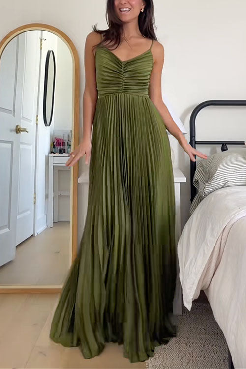V Neck Spaghetti Strap Empire Waist Pleated Maxi Dress