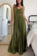 V Neck Spaghetti Strap Empire Waist Pleated Maxi Dress