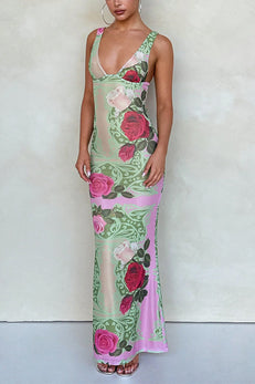 Margovil V Neck Sleeveless Rose Print Bodycon Maxi Dress